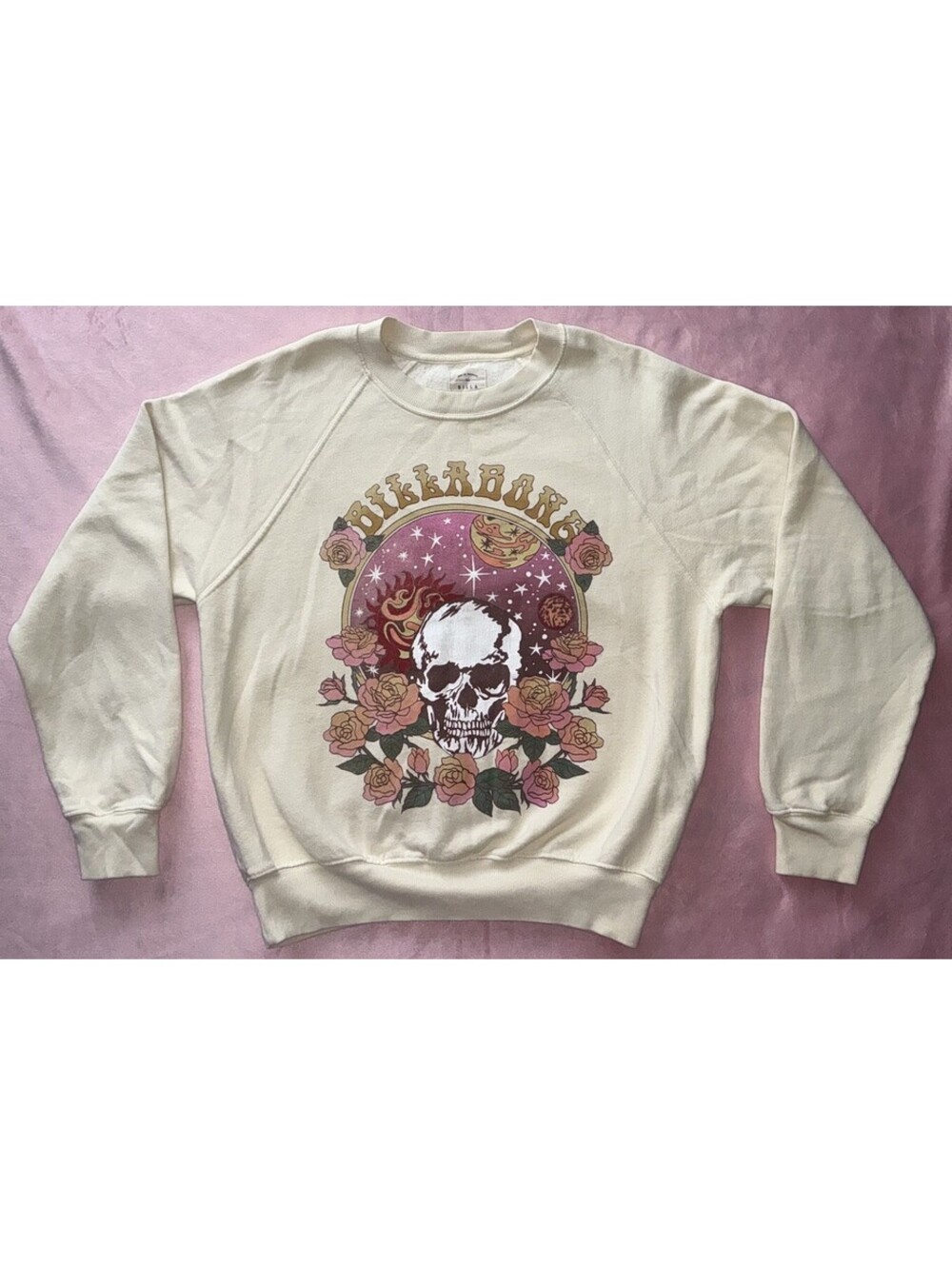 BillabongL Sweatshirt Women’s Size Small Ivory Skull Roses Crewneck Graphic